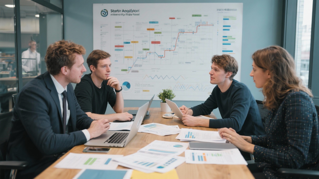 Startup oprichters bespreken analytics roadmap met consultant aan tafel vol documenten, laptops en planningsoverzicht.