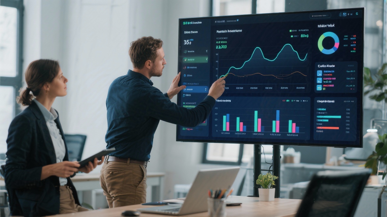 Consultant bouwt realtime dashboard binnen BI tool terwijl mkb marketeer meekijkt naar integratie van verschillende databronnen op groot scherm.