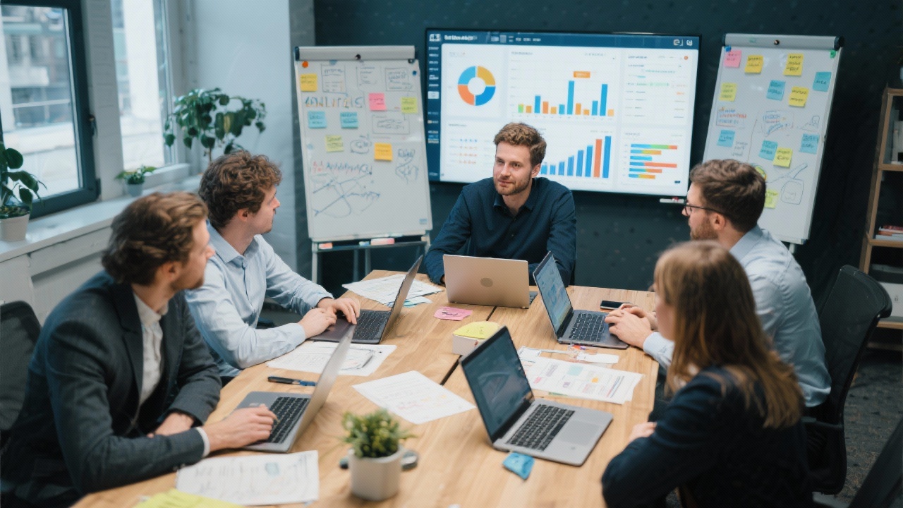 Klein multidisciplinair analytics team brainstormt rond tafel met laptops, dashboards en flip-over vol data strategie notities.