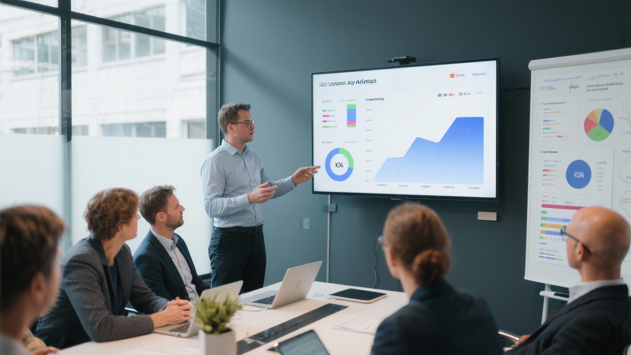 Consultant geeft presentatie over groeianalyses aan mkb bestuur met visualisaties van KPI panelen en data storyboards in modern kantoor.