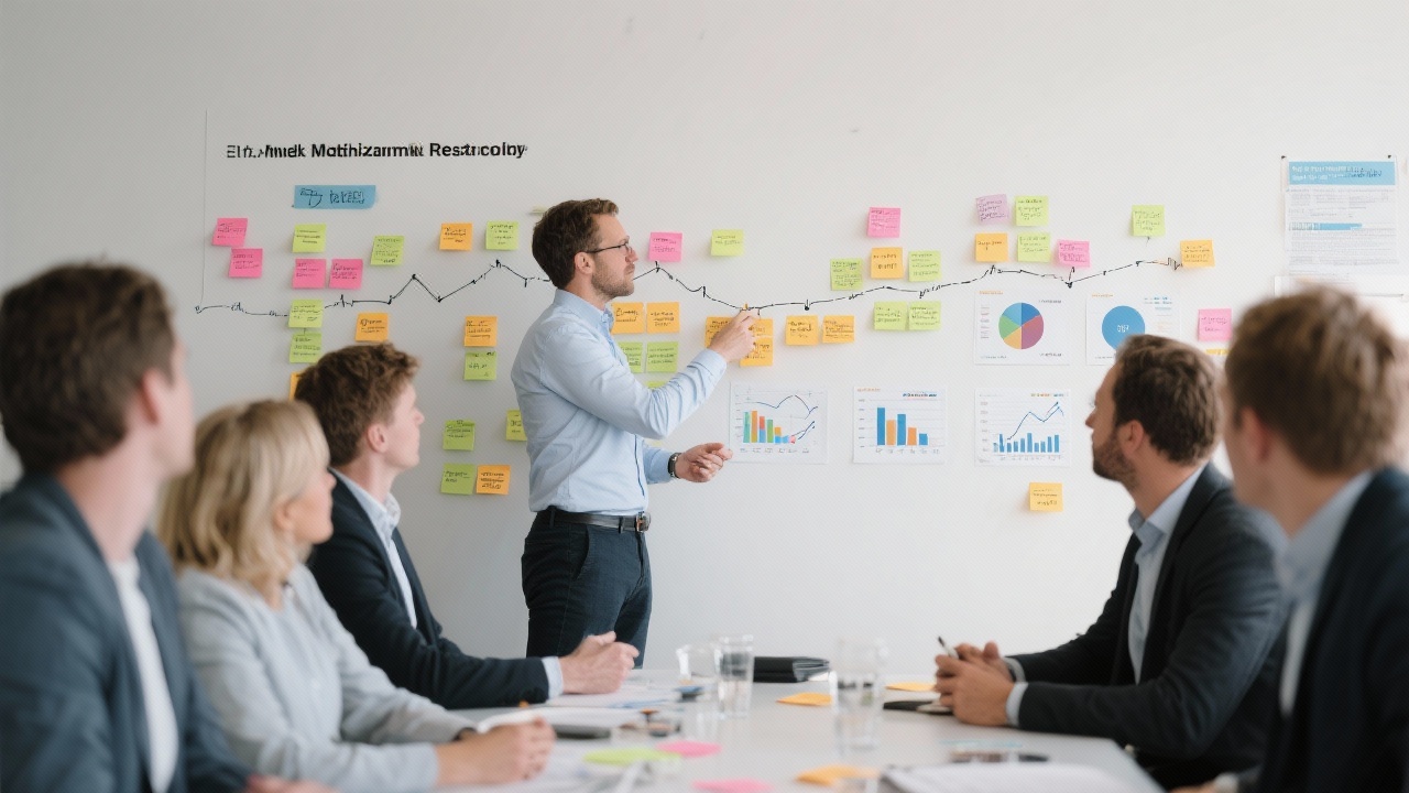 Facilitator begeleidt workshop met mkb managers die gezamenlijk roadmap posten op muur met post-its en data inzichten.